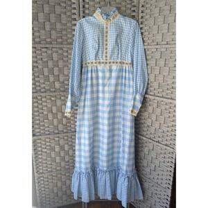 Vtg 70s Gingham Maxi Dress Blue White Lace Trim ILGWU‎ Union Made Prairie *READ